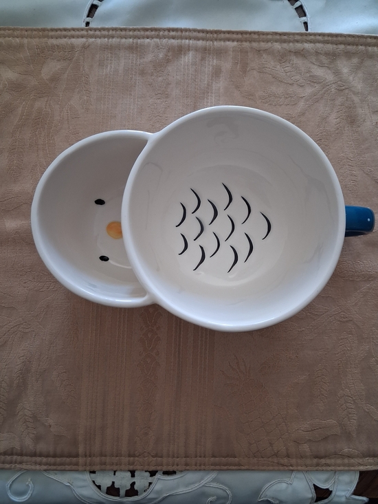 Boston Warehouse Other - White Ceramic Double Dip Bowl with Blue Handle and Black Accent